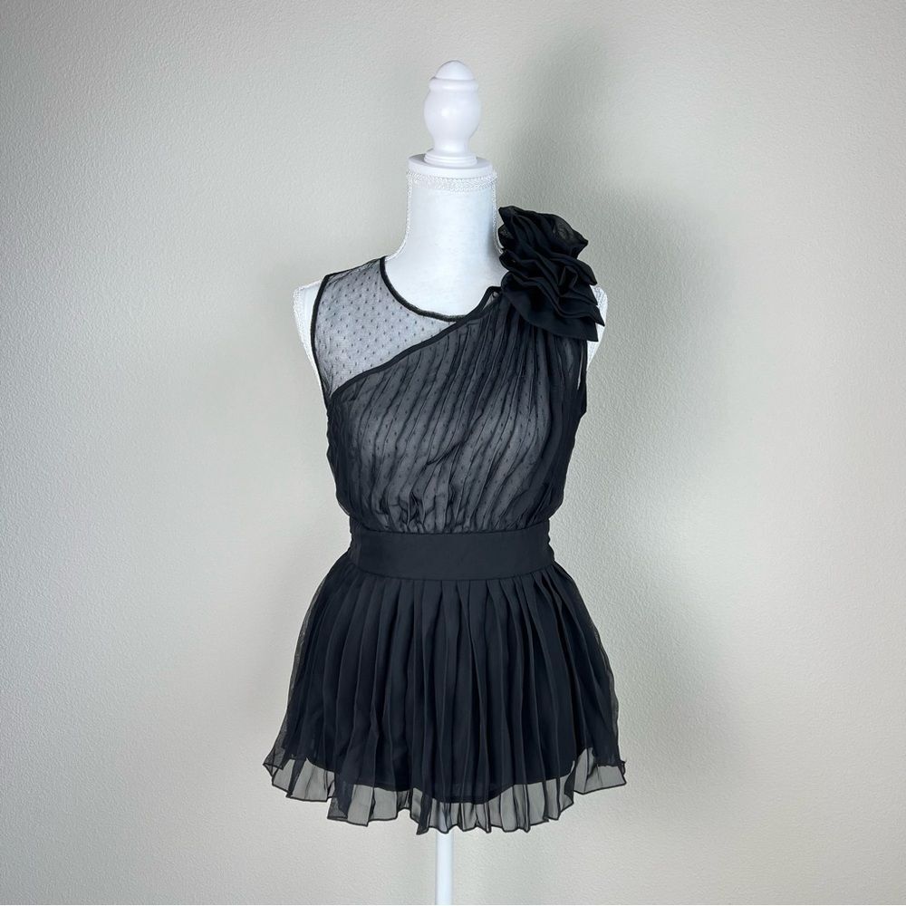 American Rag Black One Shoulder Sheer Romantic Goth Top Ruffle Flower Size S